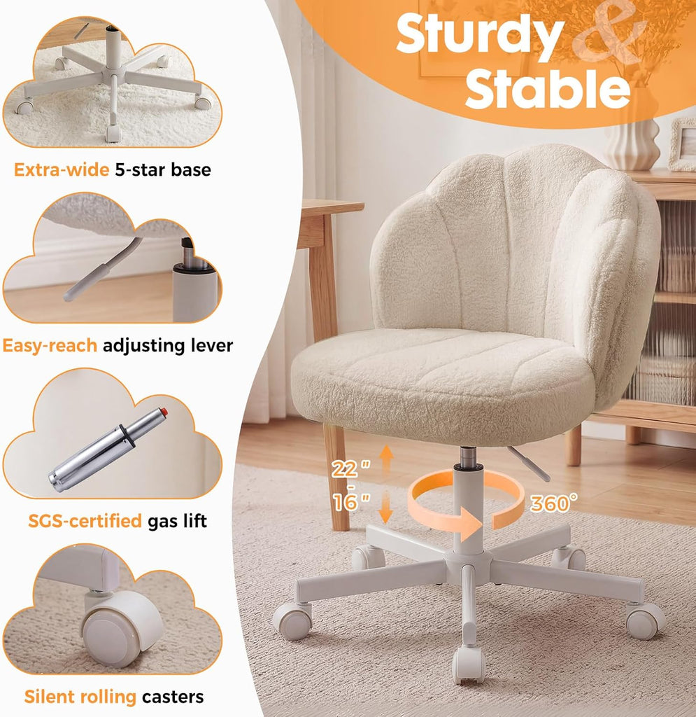 Vanity Chair with Wheels, Cute Desk Chair for Girls Women, Upholstered Home with Backrest, Height Adjustable
