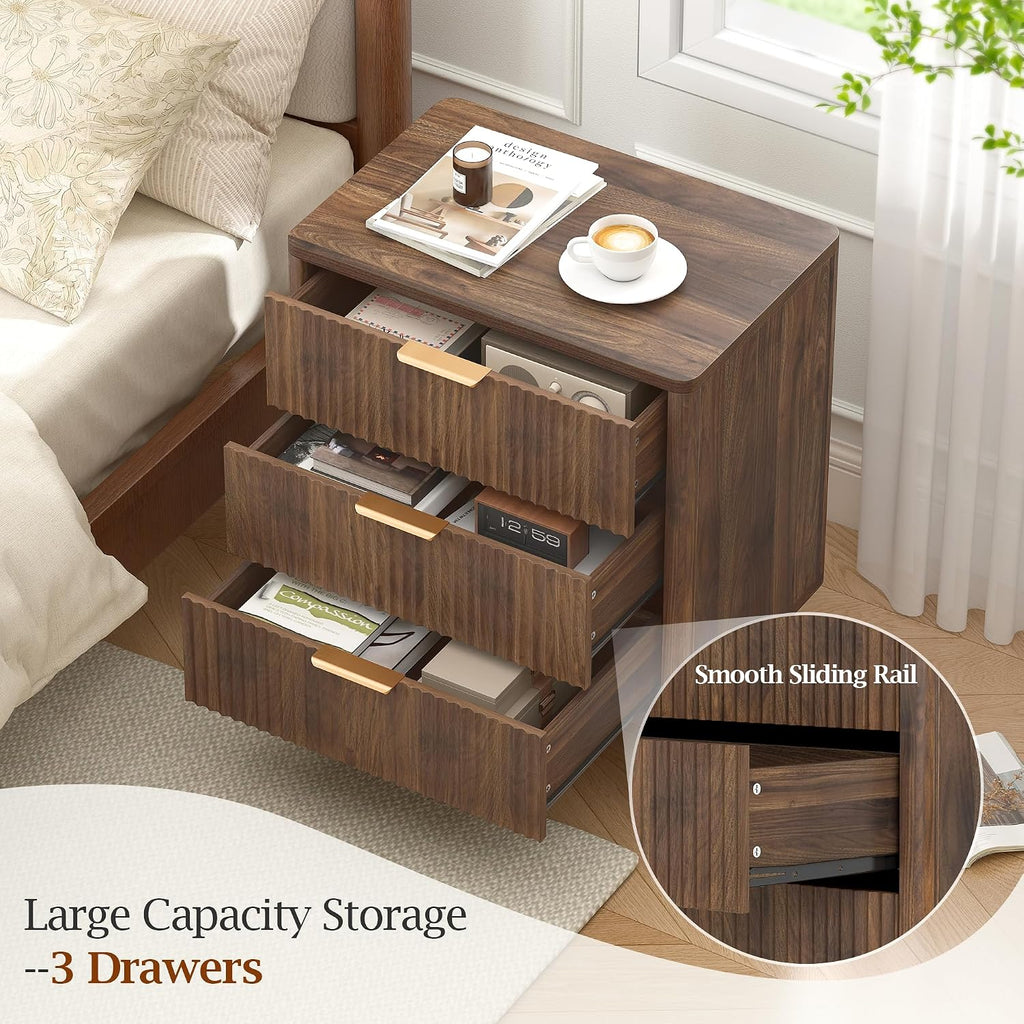 23.6" Wide Fluted Nightstand with 3 Drawers, Walnut Wood Night Stand, Modern Mid Century Bedside Table , Wooden
