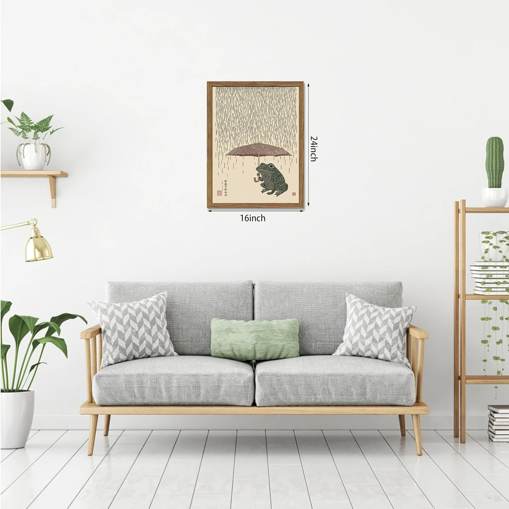 Funny Japanese Frog Wall Art, Minimalist Abstract Animal Canvas Wall Decor Painting, Zen Vintage Holding an Umbrella