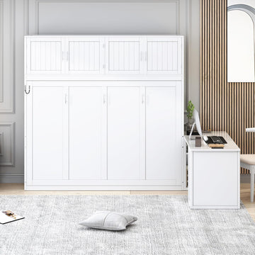 Queen Murphy Bed, Wooden Queen Wall Bed Frame with Desk and Storage Shelves and Big Cabinets, White
