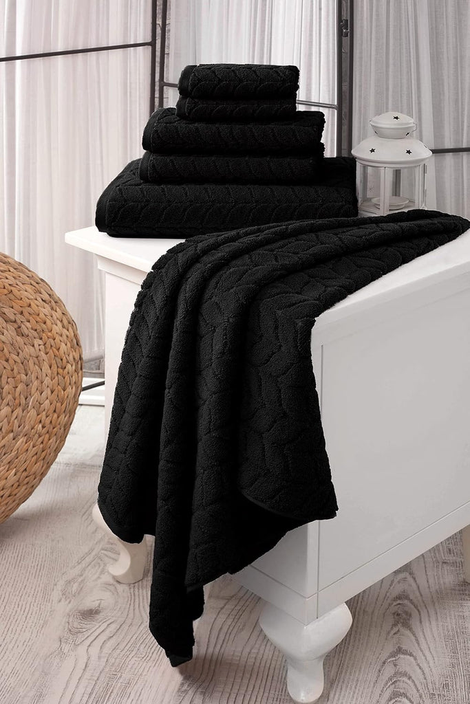 Turkish Cotton Bath Towels, Hand Towels - Soft Plush Jacquard Collection Luxury Towels Set (Black, Bath Towel Set of