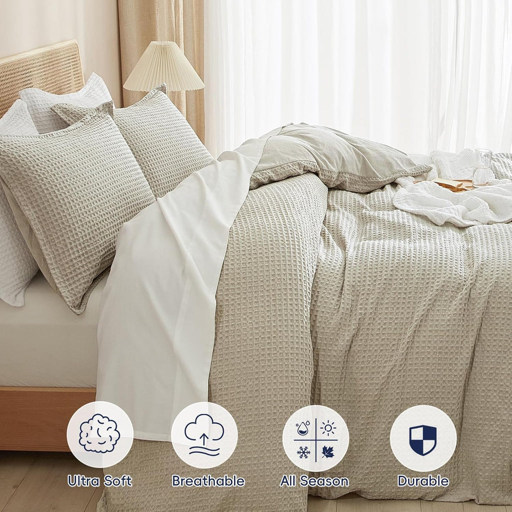 PHF Waffle Duvet Cover Set Queen, Ultra Soft & Breathable, 90"x90", Linen