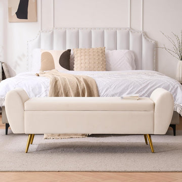 56" Storage Bench King Size Bed, Gold Legs, Velvet Ivory White | Long Ottoman, Modern End of Bed Bench, with Arm