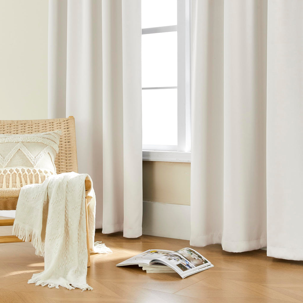Ivory Satin Black Out Curtains 96 Inch Long 2 Panel Set, Off White Silky Smooth Fabric, Wave Fold Ring Top or Turn