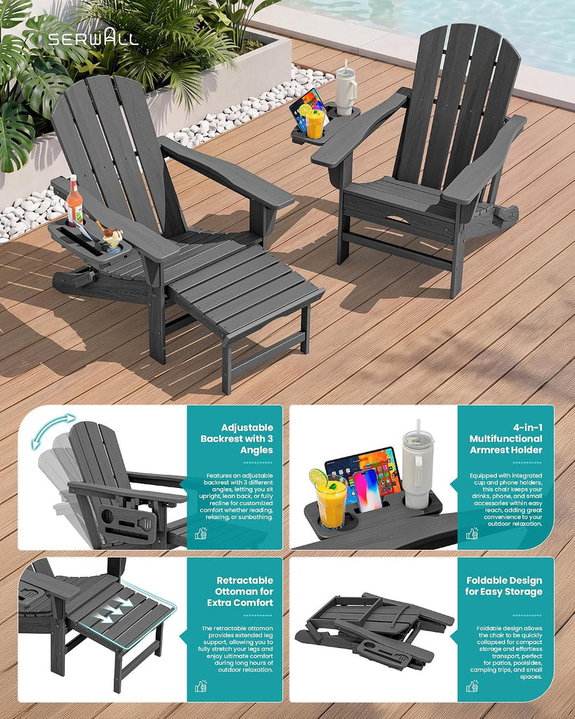 Folding Adjustable Adirondack Chair with Footrest, HDPE Outdoor Chair with 4-in-1 Cup Holders, All Weather Adirondack