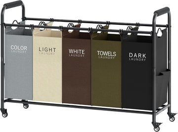 5 Bag Laundry Sorter Cart, Laundry Hamper 5 Section, 5 Colors | Rolling Laundry Basket with Heavy Duty Lockable