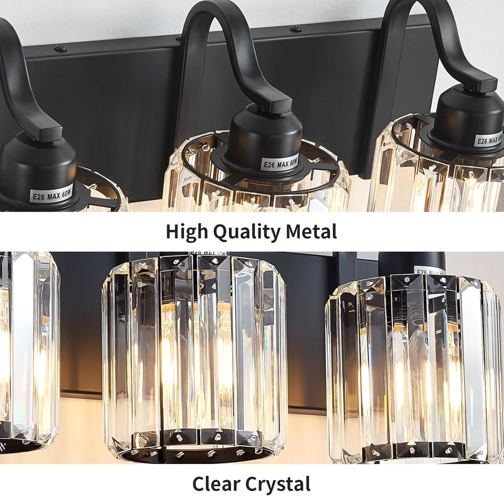 Modern 3-Lights Black Bathroom Vanity Light, Crystal Bathroom Lights Over Mirror, Modern Wall Lighting Fixtures with