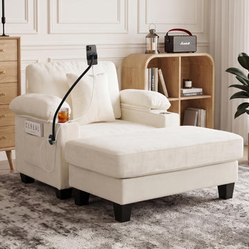 Chaise Lounge Chair Indoor with Adjustable Backrest, Storage Ottoman