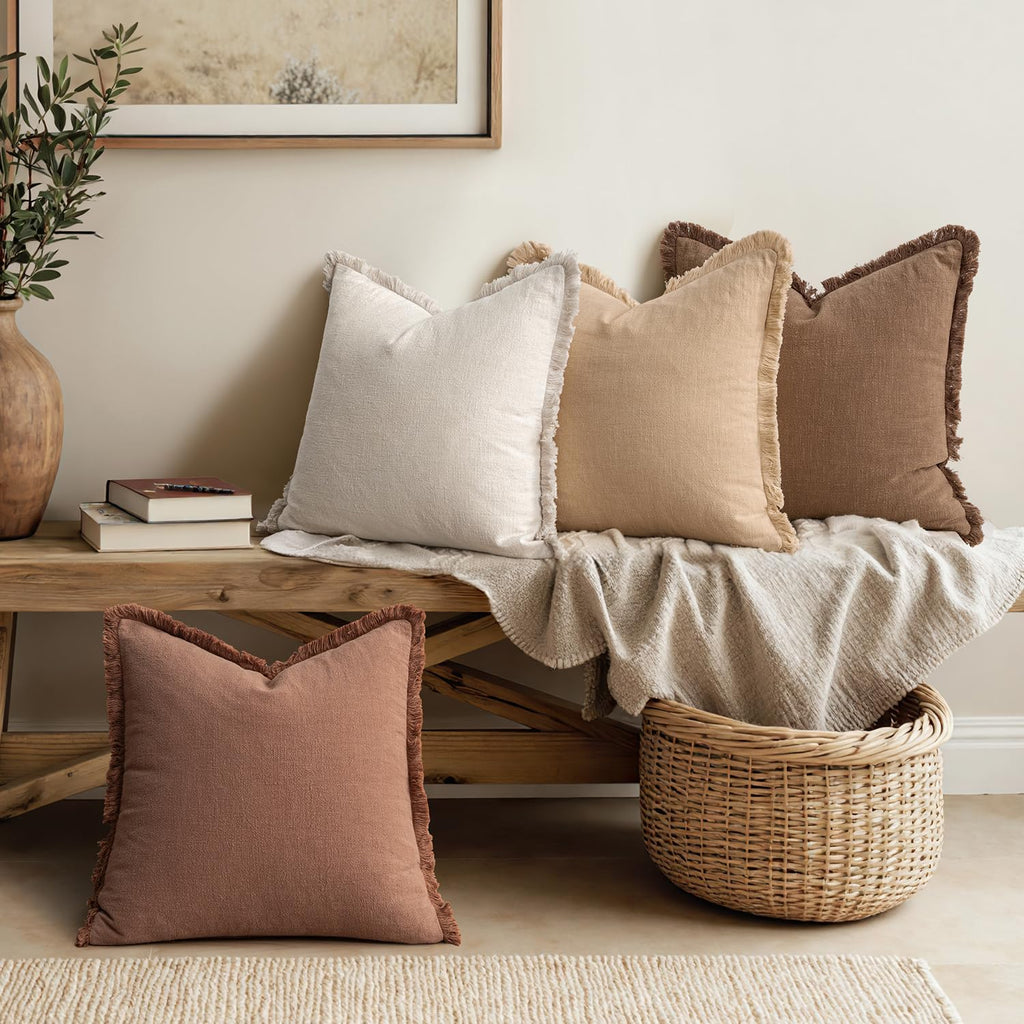 Decorative Couch Pillow Covers Neutral Linen Fringe Throw Pillows Set of 4 Accent Rustic Cushions Boho Farmhouse