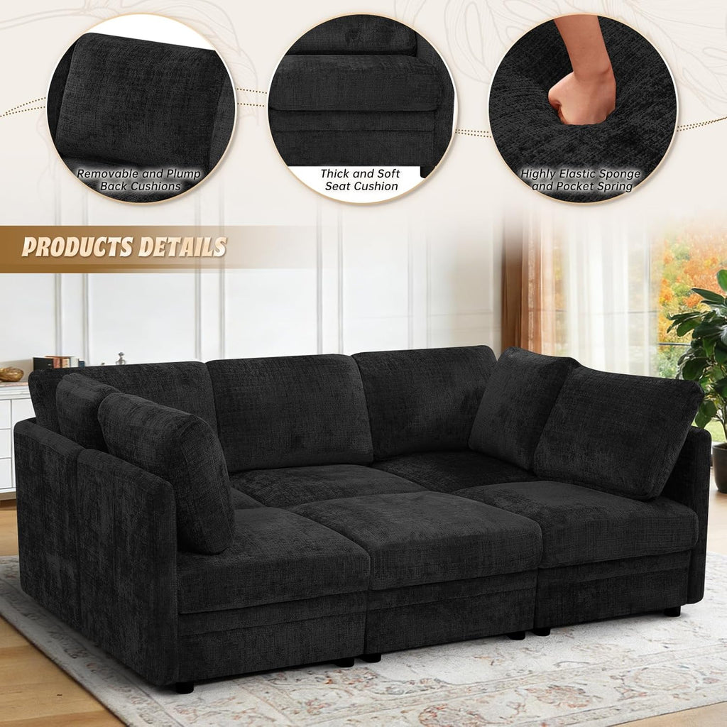 86'' Chenille Modular Couch with Removable Ottoman, 6 Seater Secional Sofa with Adjustable Backrests