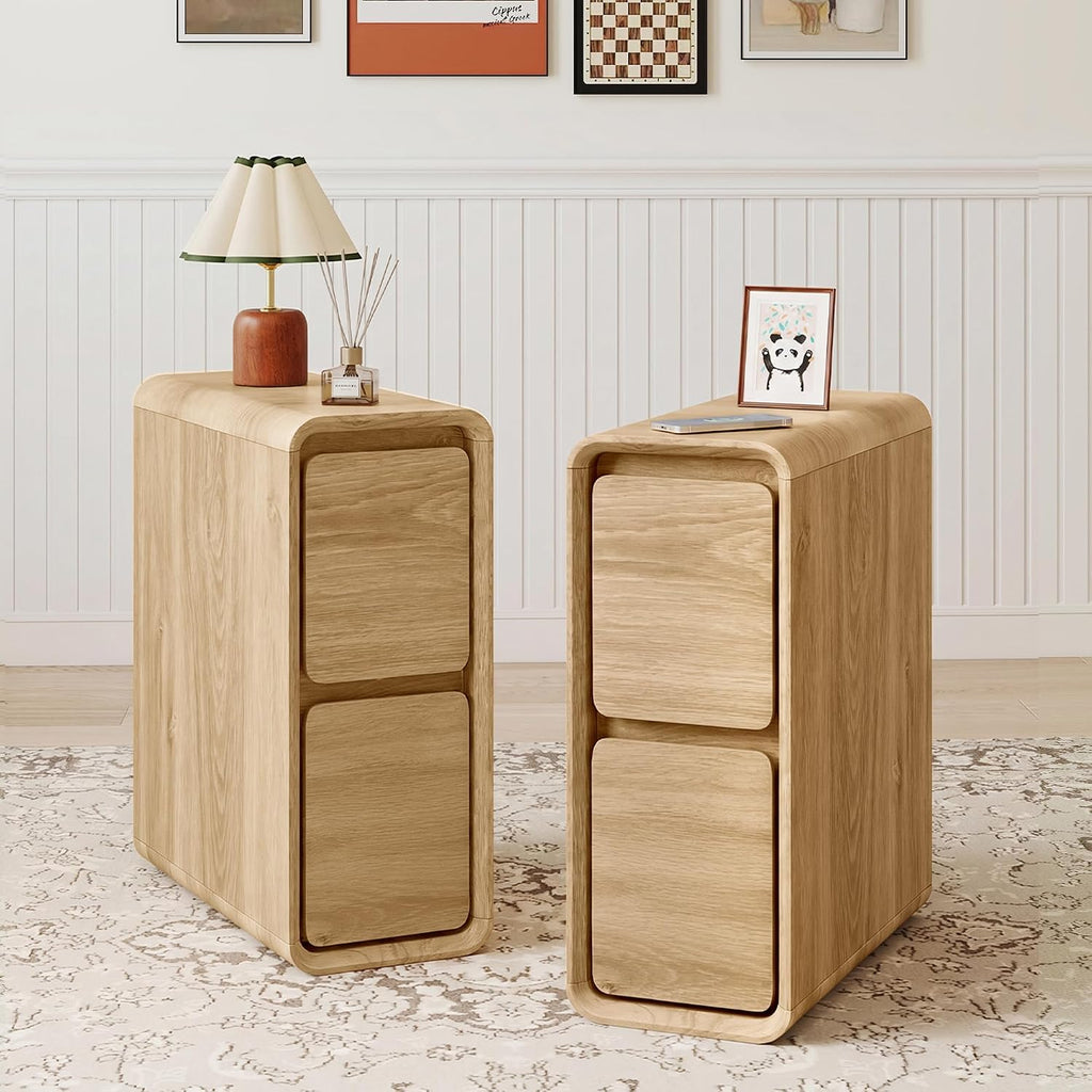 Narrow Night Stand with 2 Drawers,Mid Century Modern Small Nightstands Wooden Dresser Skinny Bedside Table, Curved