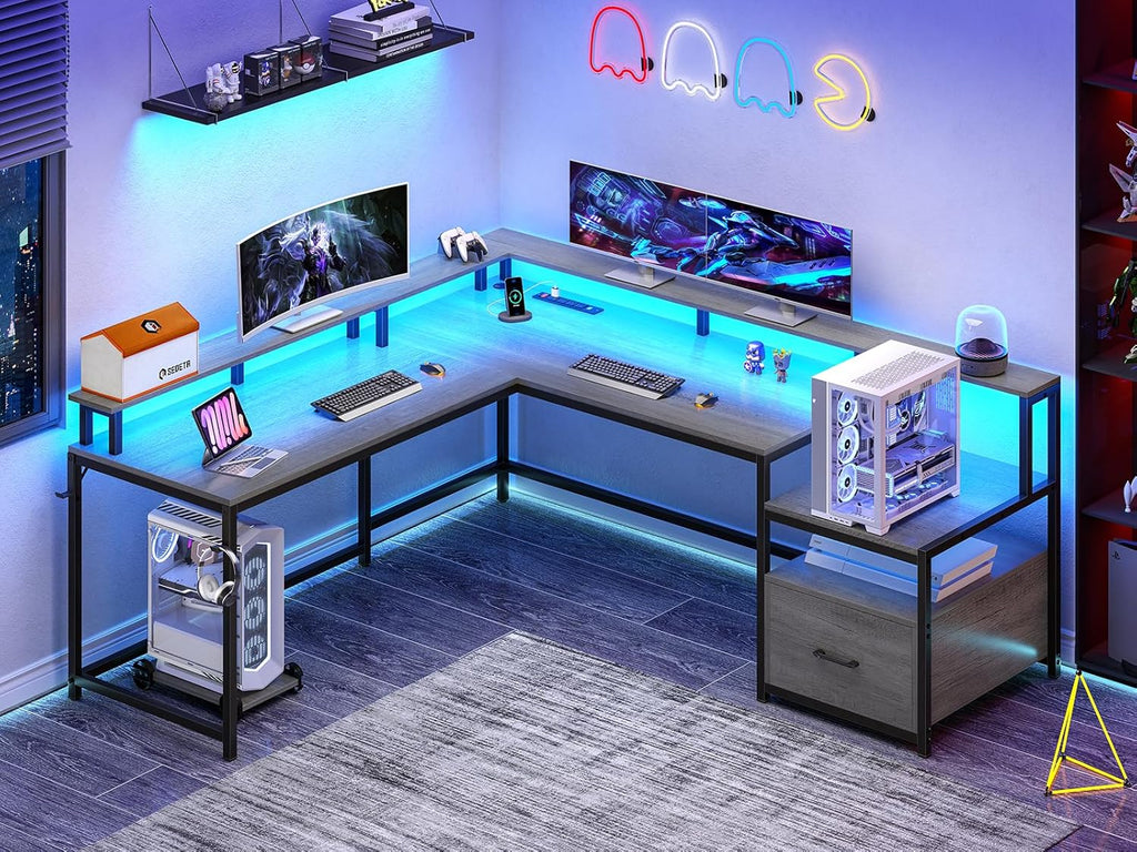 L Shaped Desk, 66" Home Office Desk with Wood File Drawer & Power Outlet, Gaming Desk with Led Lights