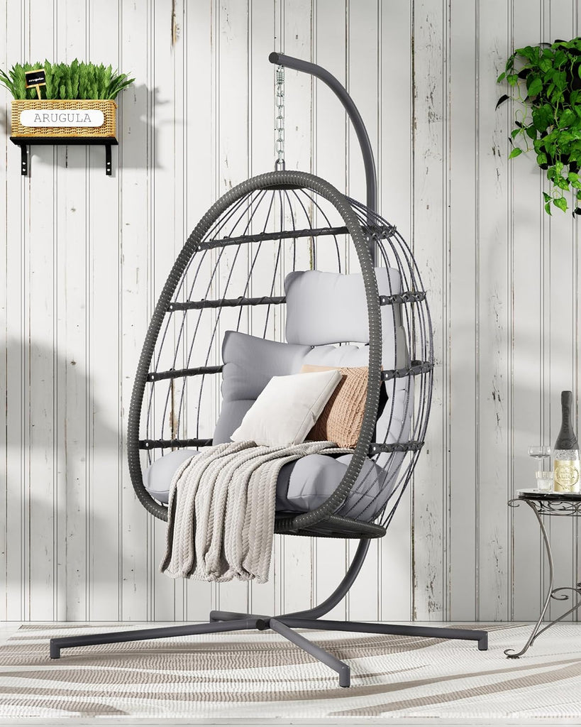 Hanging Egg Chair with Stand, Patio Wicker Egg Swing Chair with Cushion Garden Indoor Outdoor (Grey) | Patio Wicker