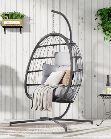 Egg Swing Chair with Stand, Outdoor Hanging Egg Chair with Cushion /Porch/Balcony/Indoor (Light Gray)