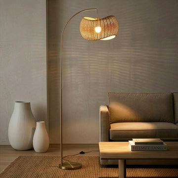 Wave Arc Floor Lamp - Chic Standing Lamp with Unique Hanging Wicker Pendant Shade, Boho Rattan Natur