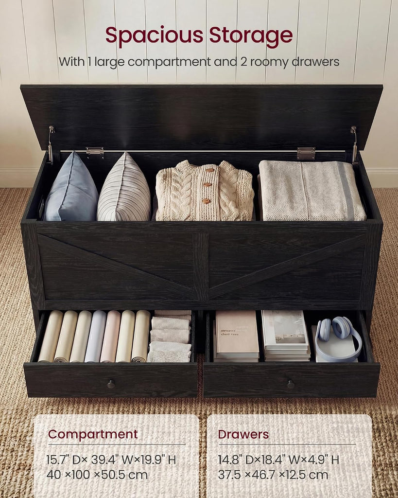Storage Chest, Storage Bench with 2 Fabric Drawers, Farmhouse Style, 15.7 x 39.4 x 19.9 Inches, Ebony Black ULSB043B02