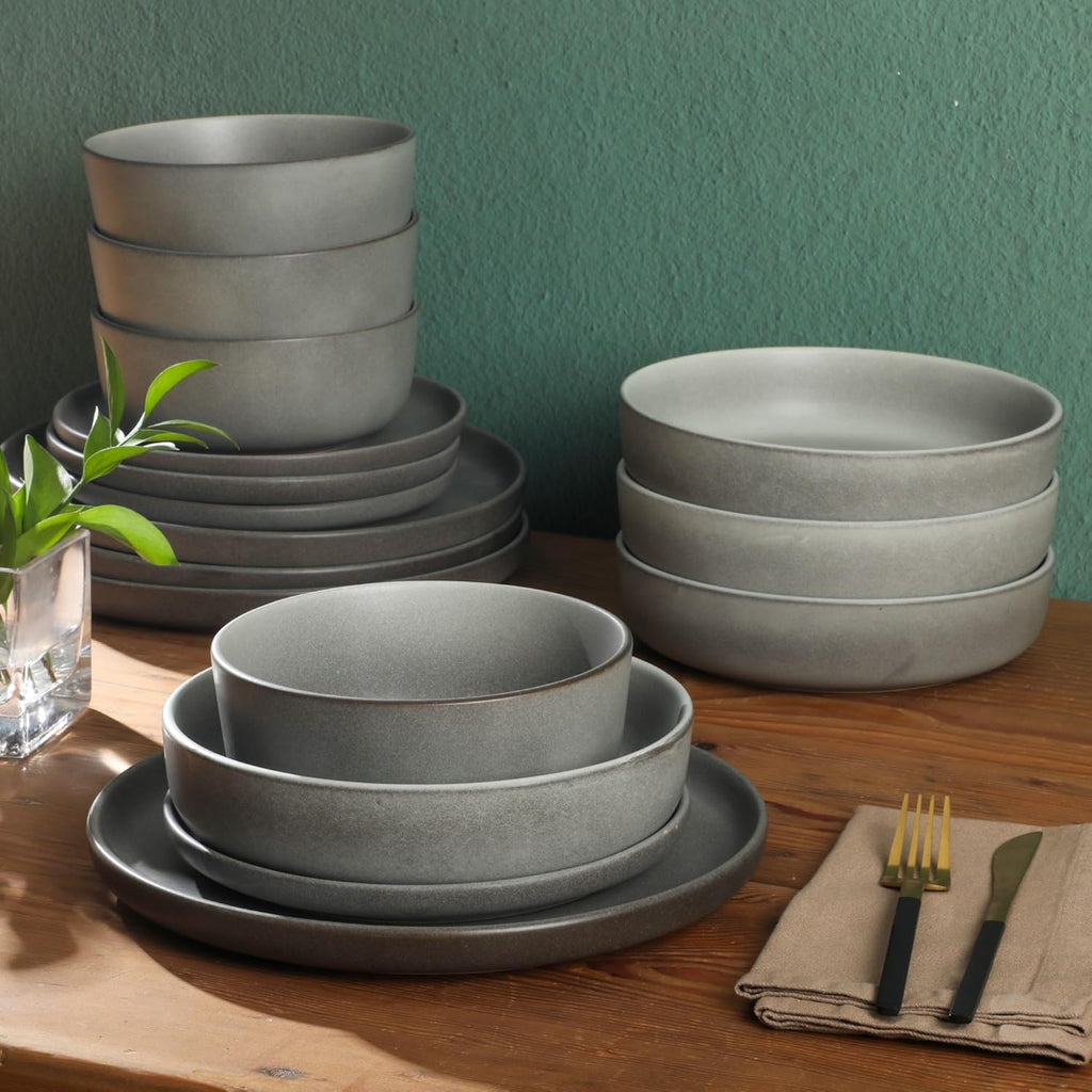 Pasco 16 Piece (Service for 4) Plates and Bowls Double Bowl Reactive Glaze Dishes Stoneware Ceramic Dinnerware Set