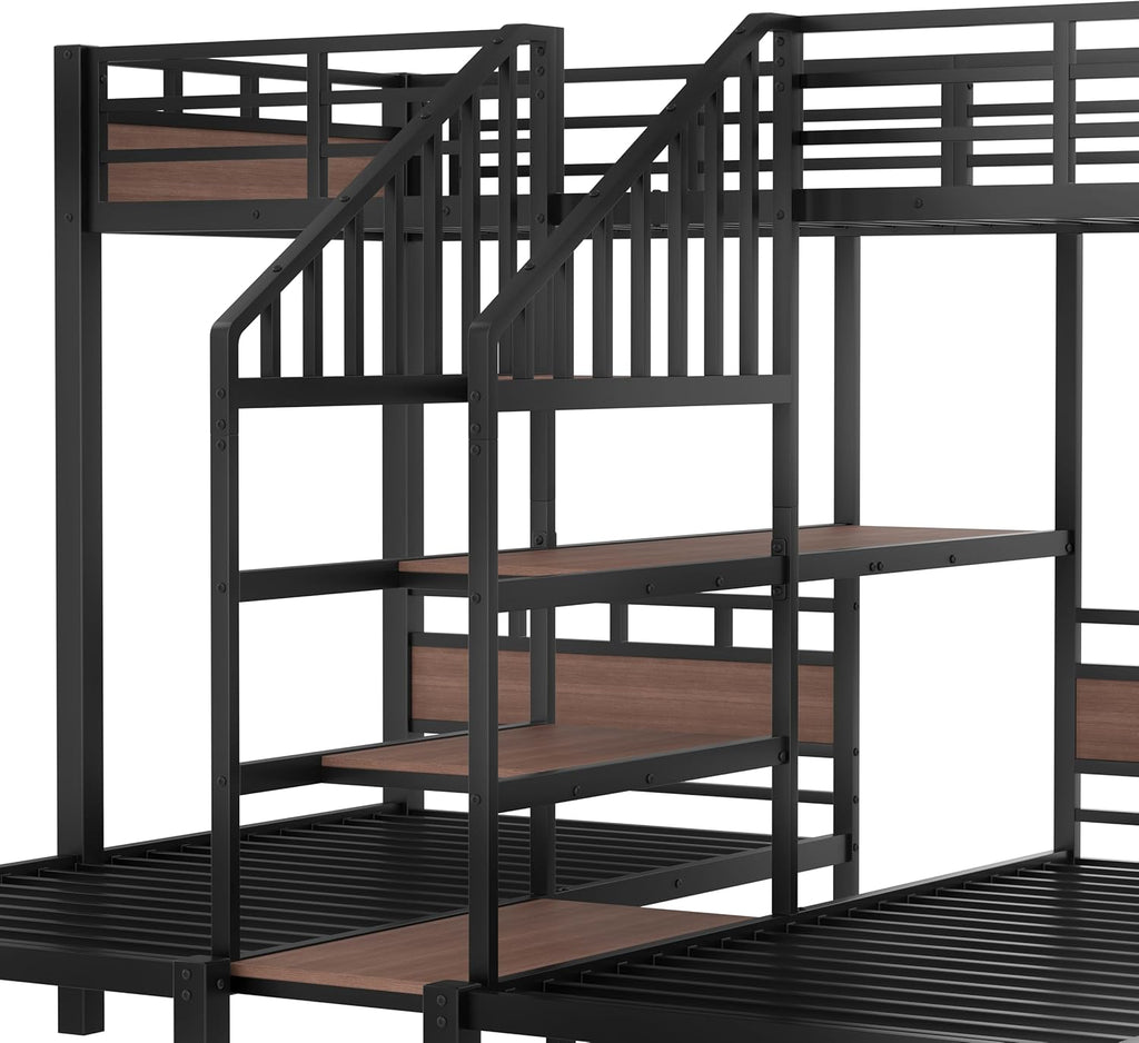 Queen Over Twin Over Twin Bunk Bed with Shelf and Stairs, Heavy Duty Triple Bunk Beds with Safety Guardrails