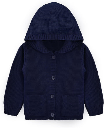 Baby Boys' Hooded Cardigan, Soft Knit Ribbed Button Closure Sweater
