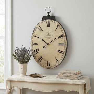 29 Inch Vintage Yellow Oval Wall Clock, Silent Non-Ticking Quartz Battery Operated Wall Clock, Large Roman Numerals