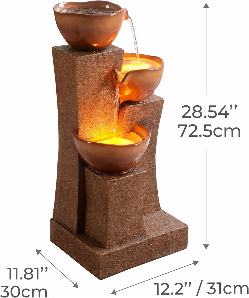 28.54 in. 3-Tier Cascading Outdoor Water Fountain with LED Lights for Gardens, Landscaping, Patios, Balconies, Lawns