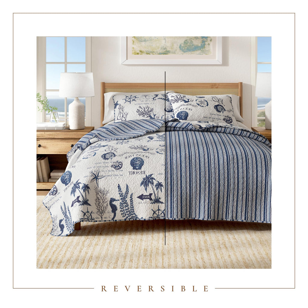 Full / Queen Coastal Quilt Bedding Set, Summer Coastal Quilt with Shams, Beach 3-Piece Reversible All Season