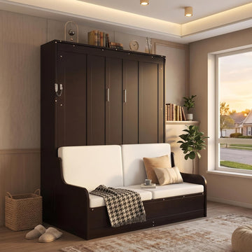 Queen Murphy Bed, Wooden Queen Murphy Bed Wall Bed with Sofa and Cushion, for Home Office or Small Room, Espresso