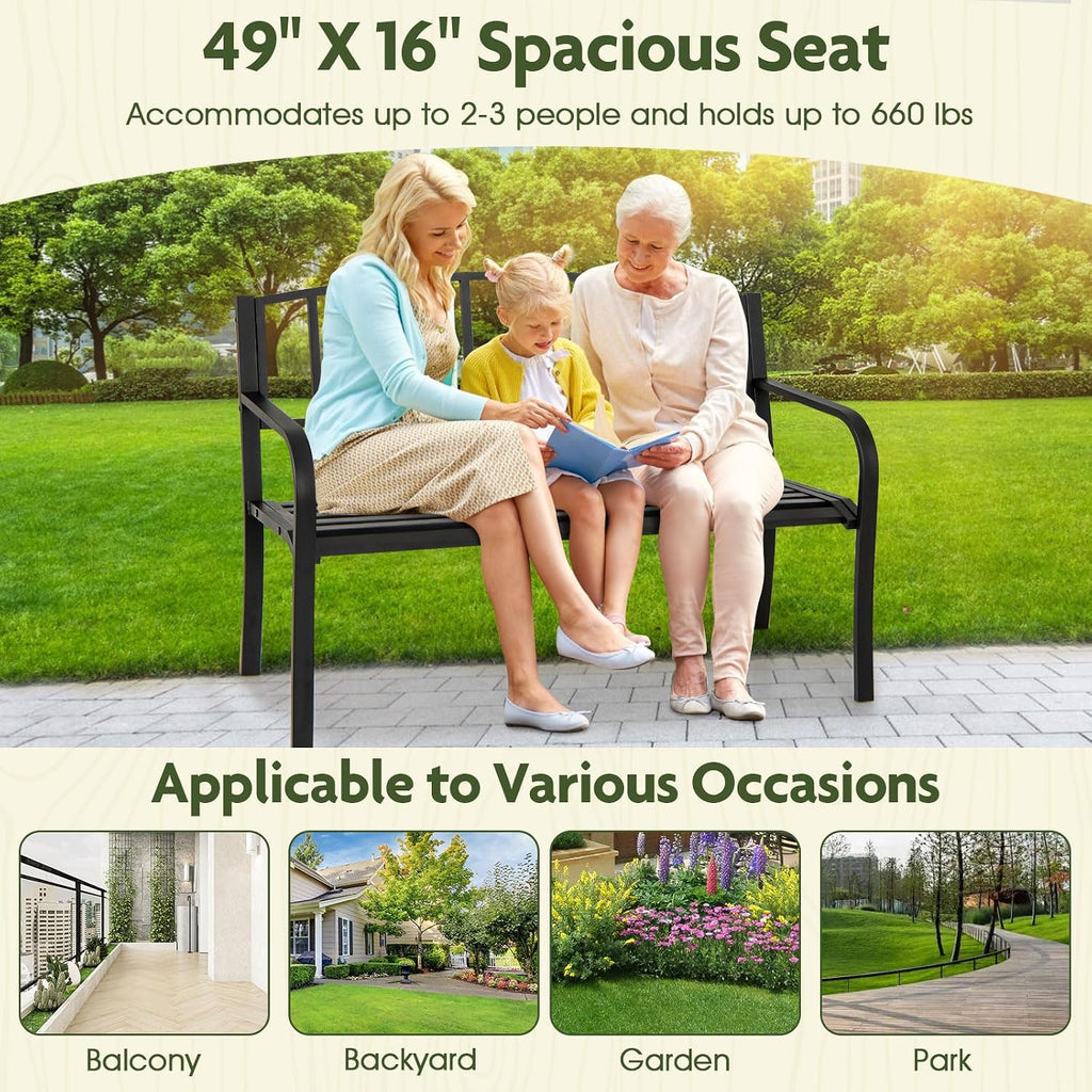 Metal Outdoor Bench, Patio Garden Bench with Backrest, Curved Armrests, Slatted Seat for 2-3 Persons, 660 LBS