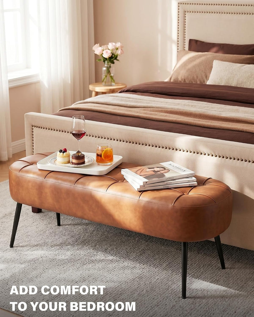 Entryway Bench, Modern PU Leather Upholstered End of Bed Bench Brown | Shoe Bench with Tufted Seat, 660 lb Capacity