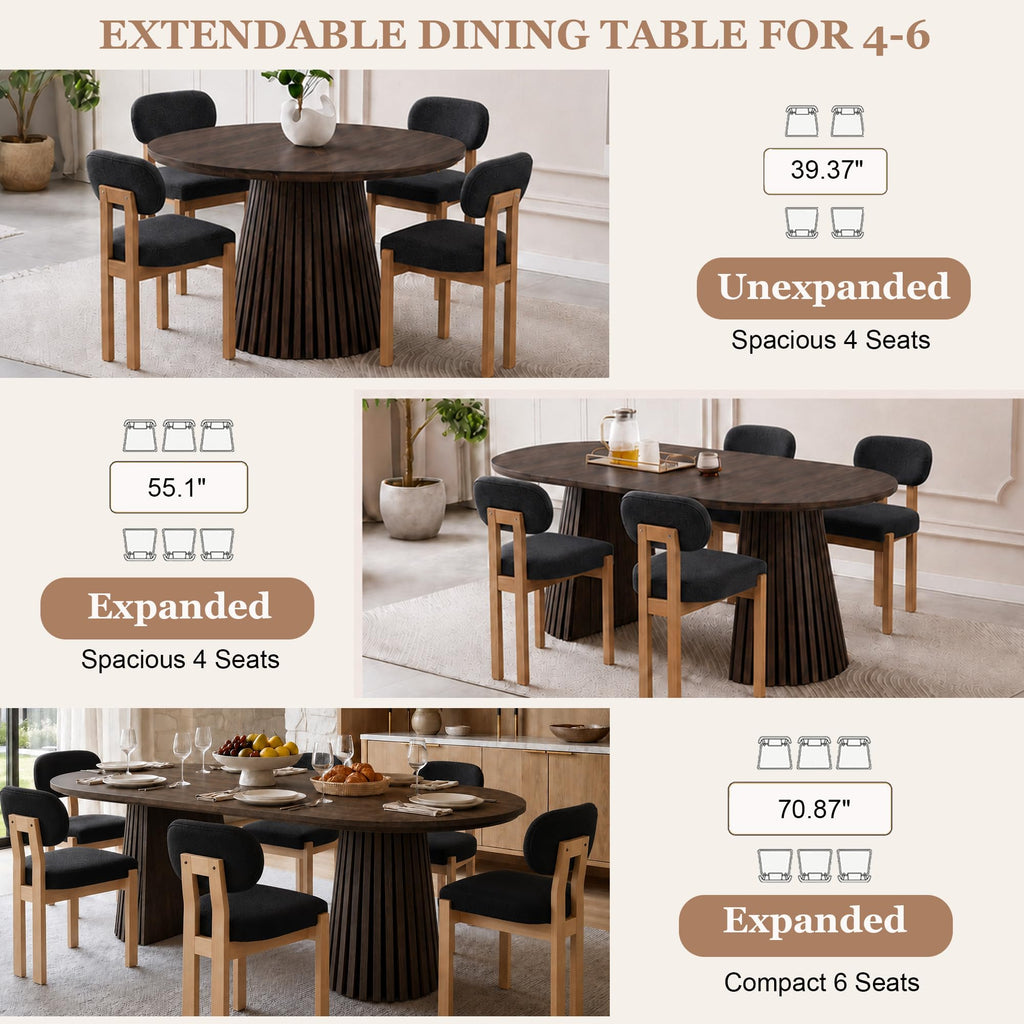 7-Piece Extendable Dining Table Set, 70" Walnut Table with 6 Black Chairs
