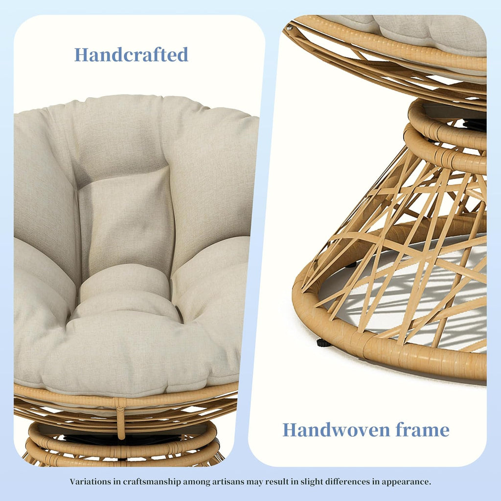 40" Ergonomic Wicker Papasan Chair, Beige, Natural Wood