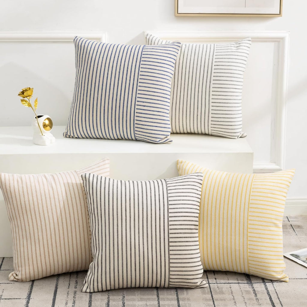 Farmhouse Pillow Covers 18x18, Modern Accent Square Throw Pillow Covers Set of 2, Gray and Beige Striped Patchwork