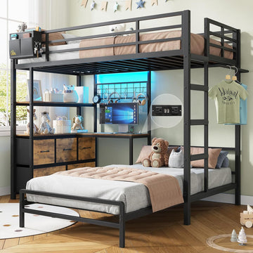Bunk Bed with L-Shaped Desk,5 Storage Drawers and 2 Shelves Metal Twin XL Over Twin Bunk Bed with LED Lights and Charging Station,bunk Beds with Safety Guardrail & Ladder,Space-Saving,Black