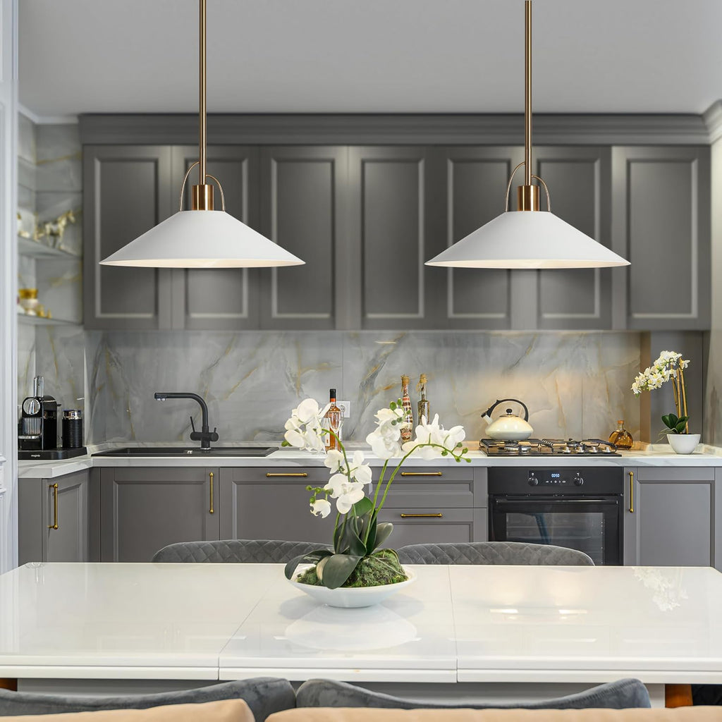 Pendant Lights Kitchen Island, 14'' Gold and White Pendant Light Fixtures, Modern Large Metal Kitchen Pendant