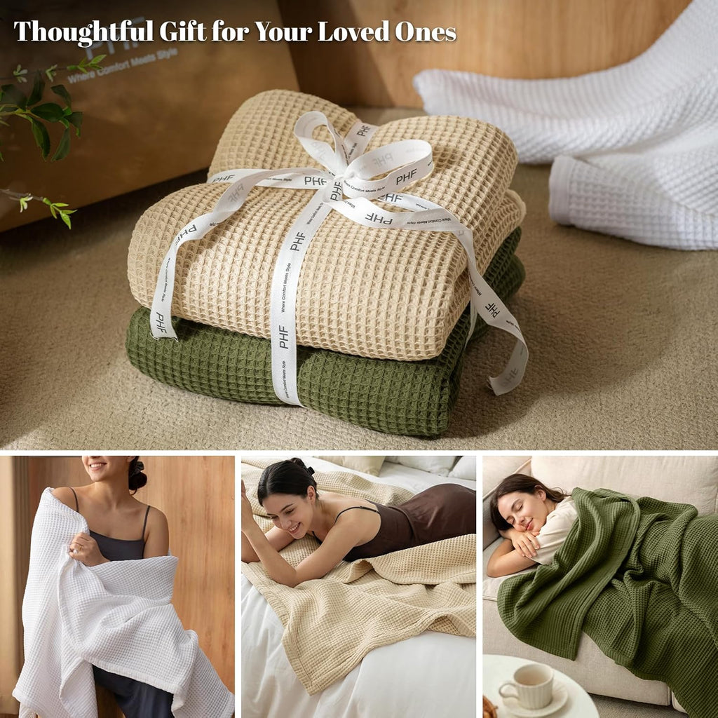 100% Cotton Waffle & Muslin Throw Blanket Large, Soft Breathable Luxury 400GSM Versatile Reversible Bedding, Great