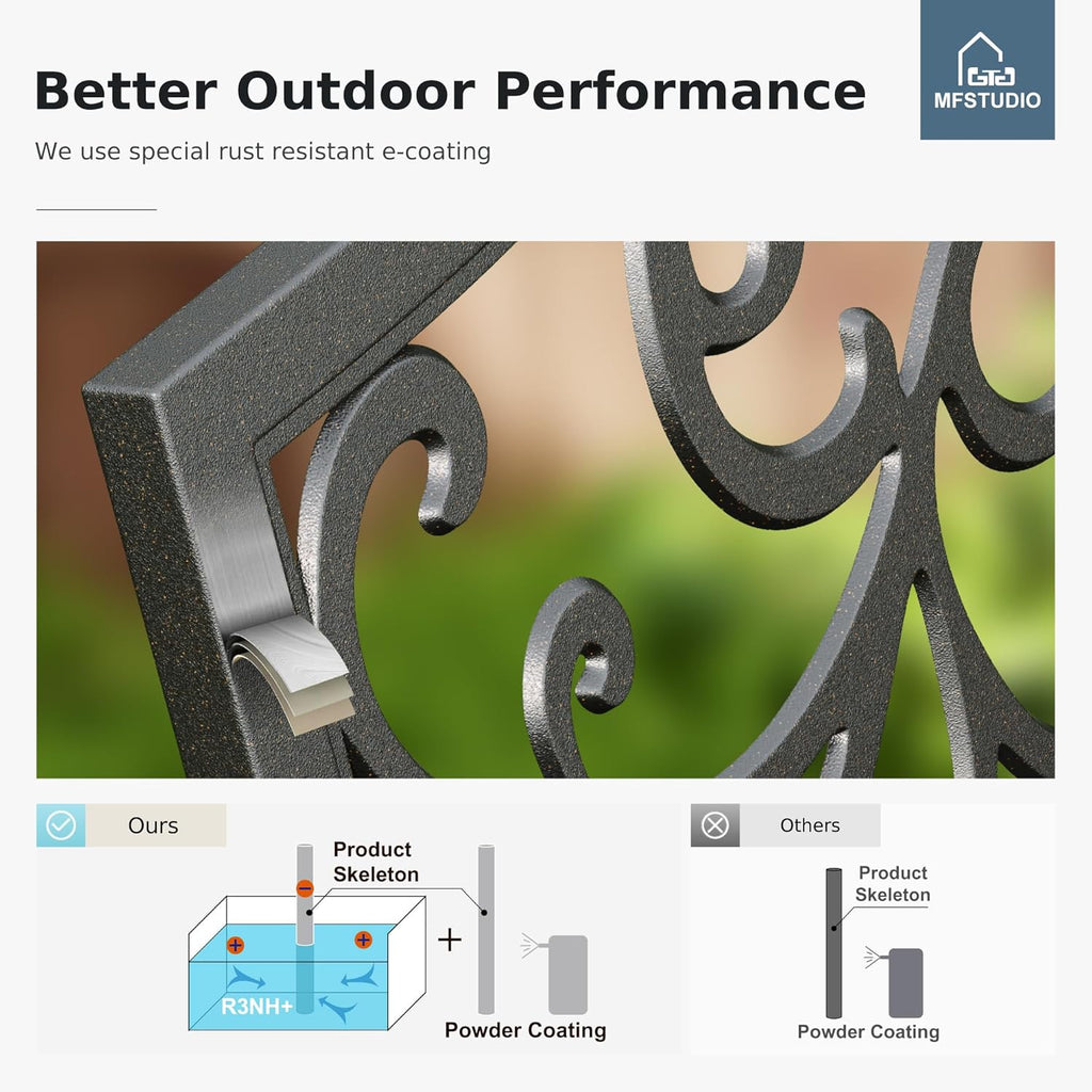 43.7 Inches Cast Iron Outdoor Garden Bench, Floral Backrest, Black | E-Coating Anti-rust Finish, Weatherproof Outdoor