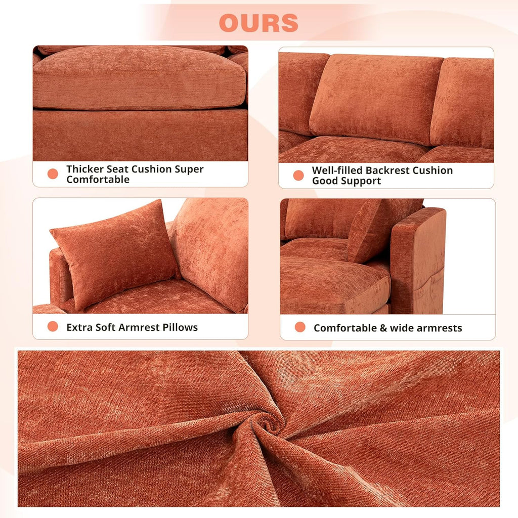 110” Chenille 4 Seater Sofa W/Movable Ottomans, Modern Fabric U-Shaped Couch w/Soft Backrests