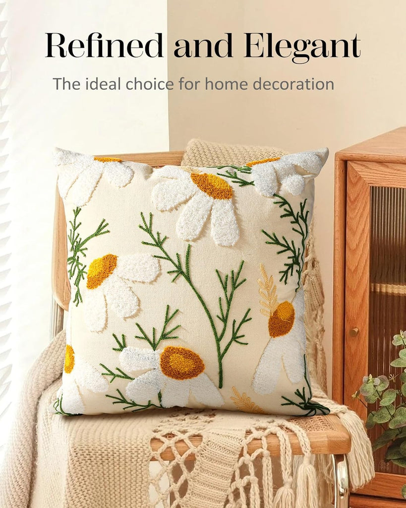 Embroidered Throw Pillow Cover - 18x18 Decorative Pillow Cover with Zipper Aesthetic Cute Design Boho Spring Summer