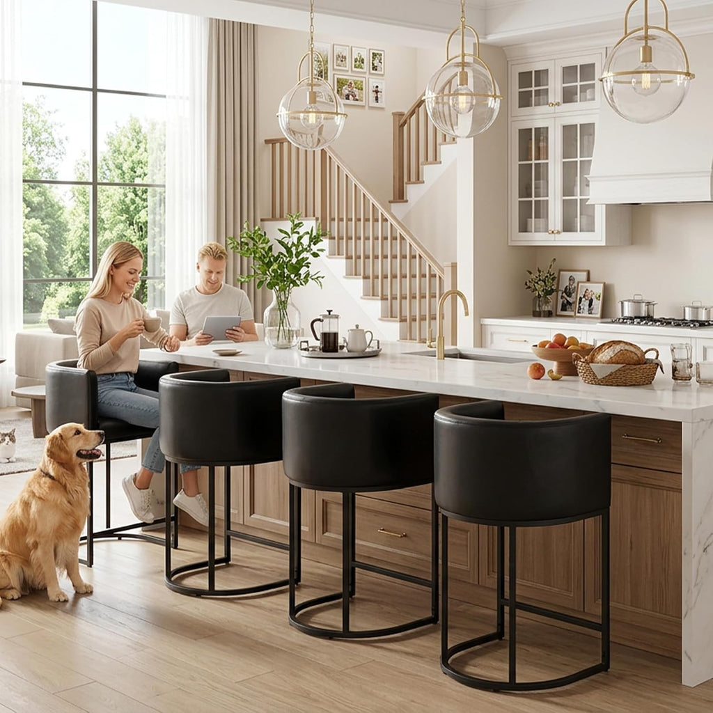 Black Modern Barrel Counter Height Clearance Bar Stools Set of 3, 24 Inch PU Leather Kitchen Barstools with Back