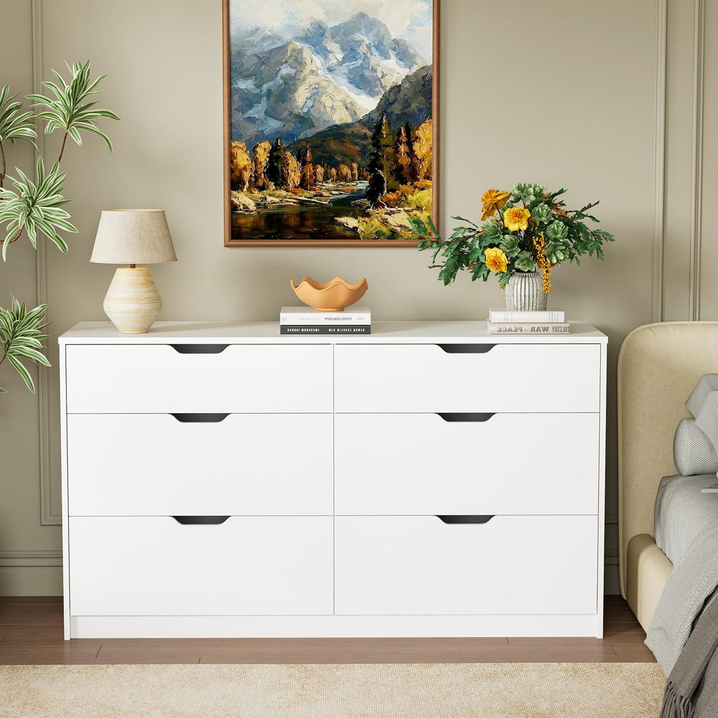Dresser , 47.2" Modern Wood Chest with 6 Drawers, White | Two Drawer Sizes, Anti-Tip, Storage Cabinet & TV Stand