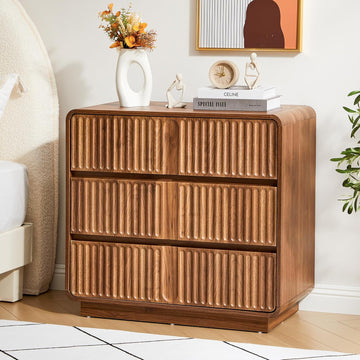 3 Drawer Dresser, 31.5" Wide, Walnut Brown | Mid Century Modern Wood, Chest of Drawers, Fluted Design, Living Room