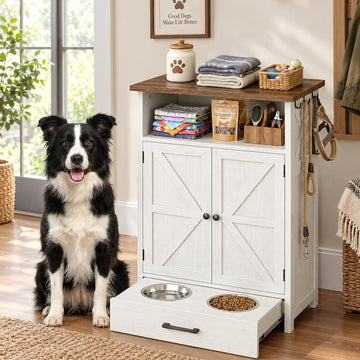 Dog Feeding Station with Storage Cabinet & Elevated Bowls, White