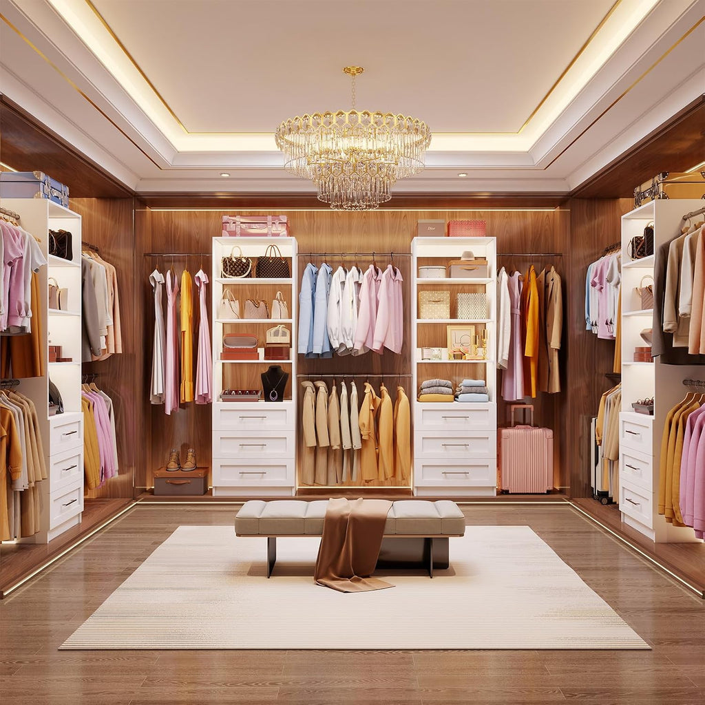 Closet System with 6 Drawers, 6FT-15FT Wooden Closet Organizer System with 8 Expandable Hanging Rods and Shelves
