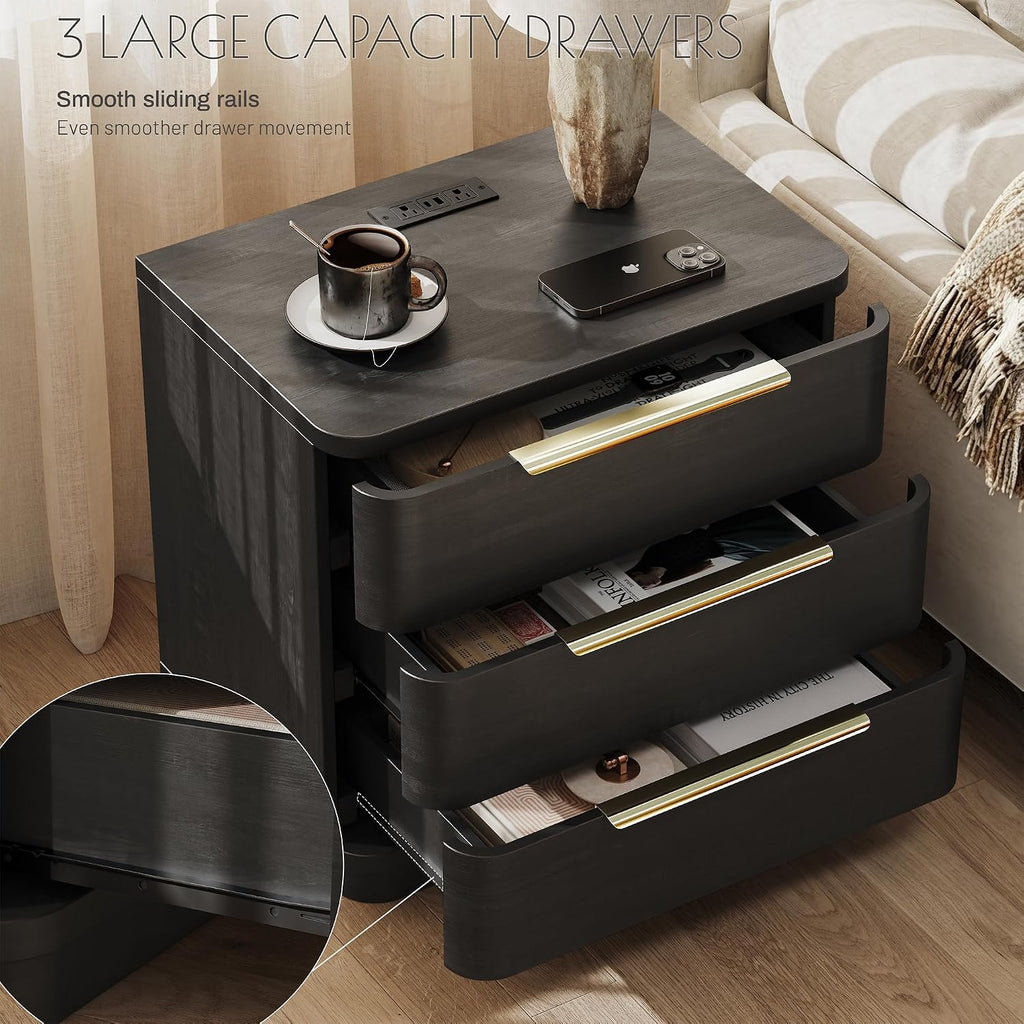Black Nightstand with Charging Station, Modern Wood Nightstand Black Bedside Table, Wooden Nightstands with 3 Drawers
