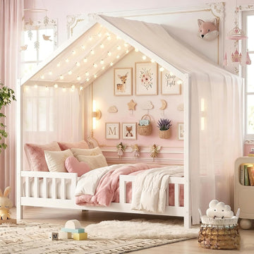 Tw Bed for Kids with High Rails, Montessori Floor Bed Twin with Roof & Canopy, Wood House Beds Frame for Boys Girls