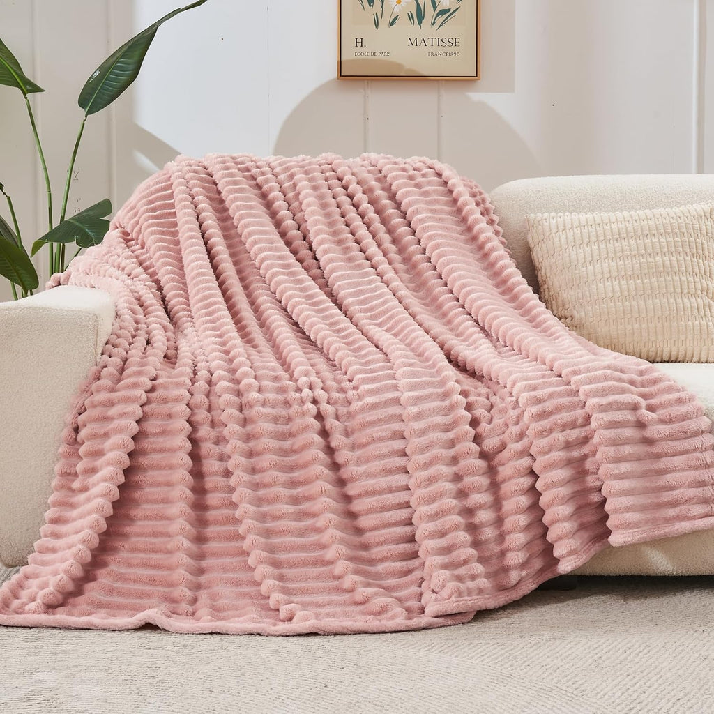 Super Soft Throw Blanket Pink Premium Silky Flannel Fleece 3D Ribbed Jacquard Lightweight Bed Blanket All Season Use