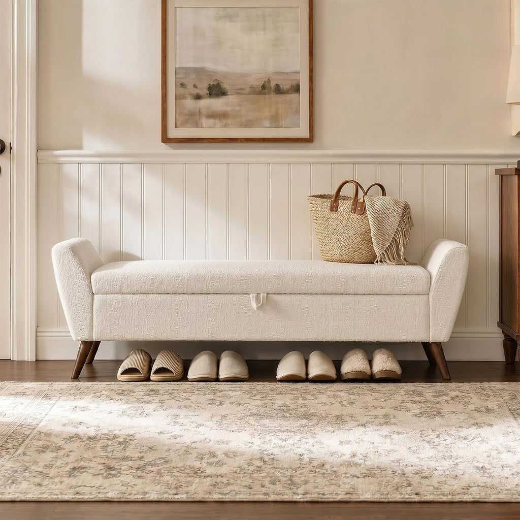 60" Storage Ottoman Bench, Teddy Fabric End of Bed Bench King Size with Solid Wood Legs, Large Hidden Storage (Beige)