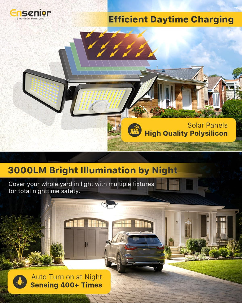 Solar Motion Lights Outdoor, 3000LM 220 LED High Brightness Motion Sensor Outdoor Lights, 3 Head 4 Modes 270° Wide