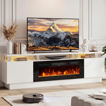 70" Fireplace TV Stand for TVs UP to 80", Electric Fireplace Entertainment Center with LED Lights & Storage Cabinets