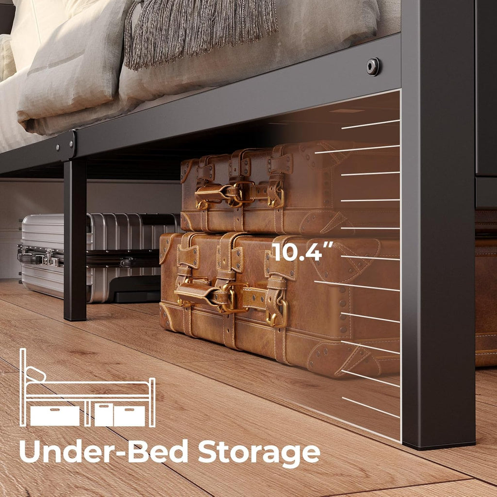 Full Bed Frame with Headboard, LED Bed with Bookcase Storage and Charging Station